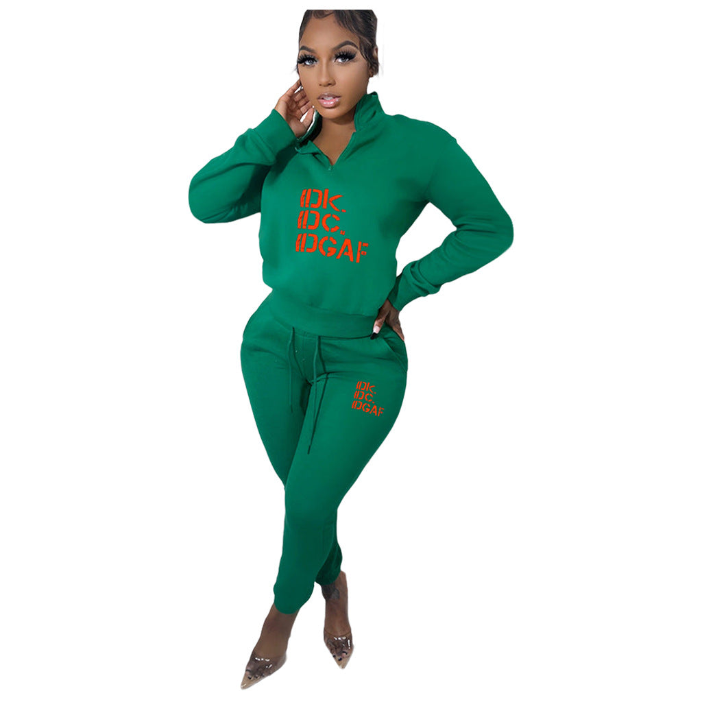 Women Casual Letter Print Fleece Zip Long Sleeve Top and Pant Two Piece 18