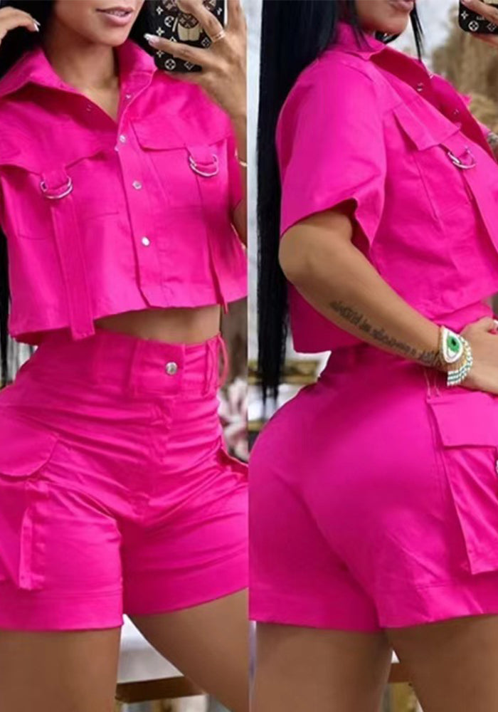 Women Solid Pocket Turndown Collar Short Sleeve Top and Shorts Two-Piece Set