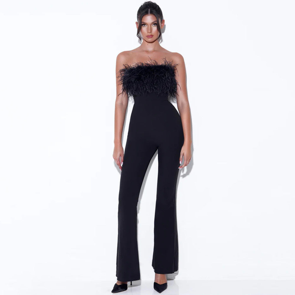 Women Off-shoulder Strapless Patchwork Feather Wide-leg Jumpsuit 4
