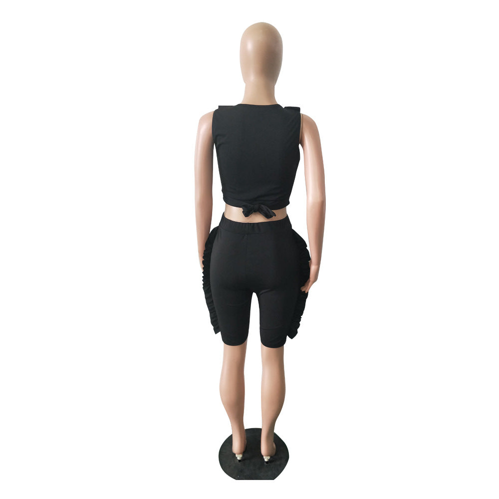 Women Bow Ruffle Sleeveless Top and Shorts Two-Piece Set 5