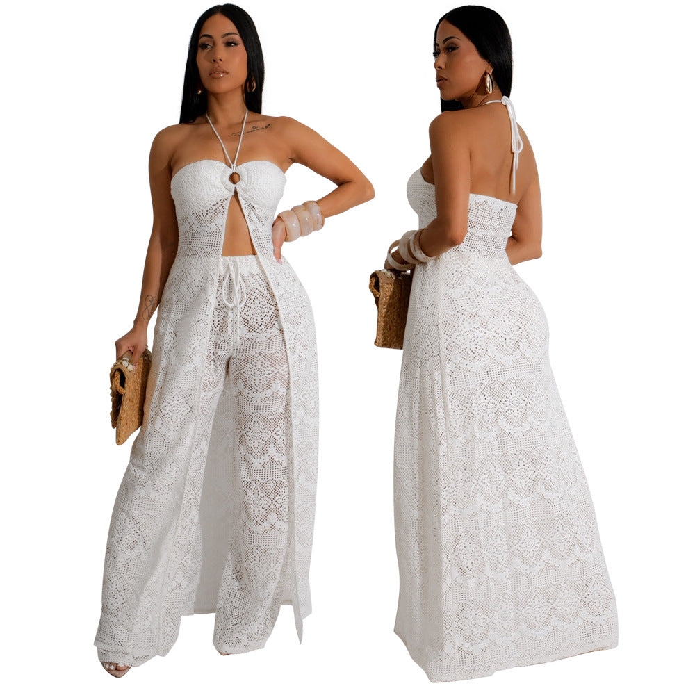 Women Sexy Lace-up Top and Wide-leg Pants Two Piece Set 5