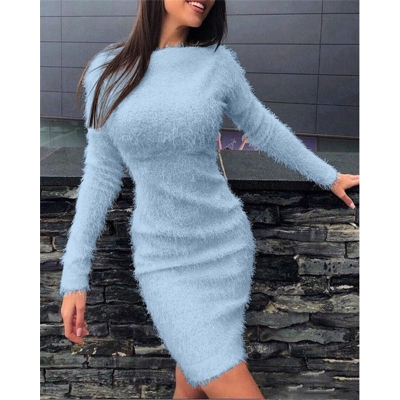 Women's Fall Winter Plush Slim Waist Long Sleeve Dress 14