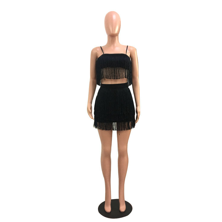 Women Summer Sexy Fringe Crop Top And Bodycon Skirt Two Piece 8