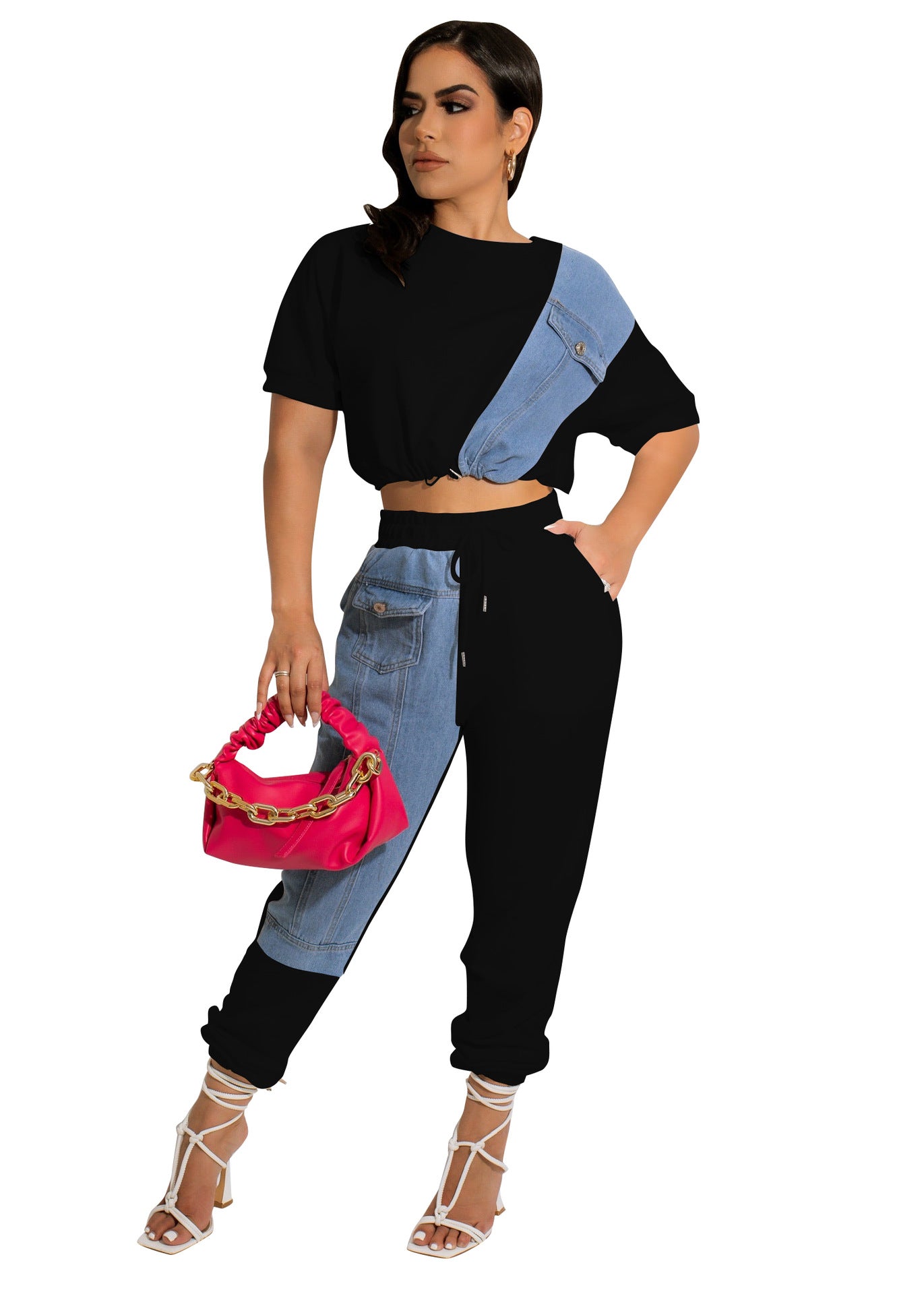 Women Fashion Solid Contrast With Denim Top And Pant Two Piece Set 19