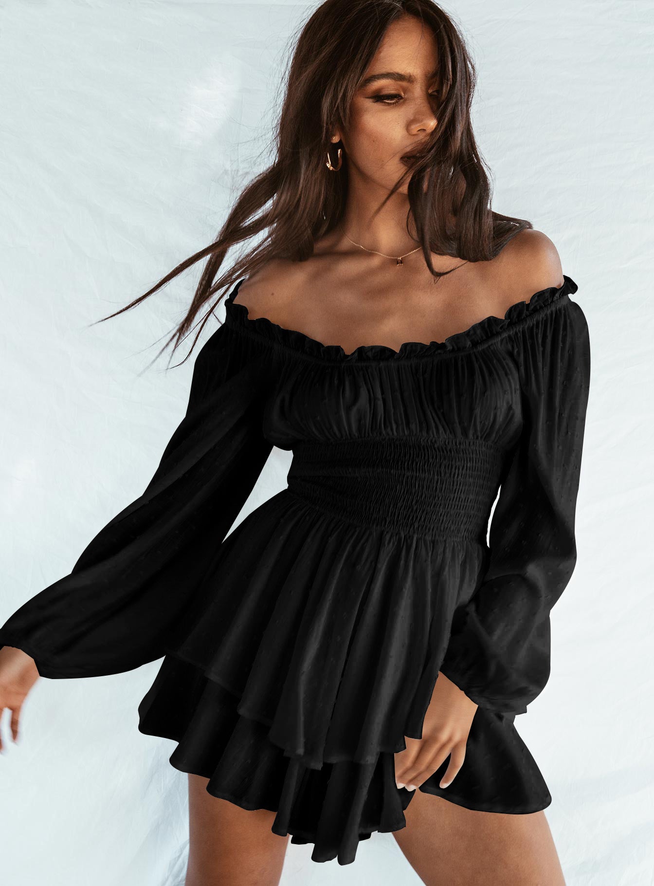 Spring And Summer Pleated Off Shoulder Long Sleeve Casual Ruffled Jumpsuit