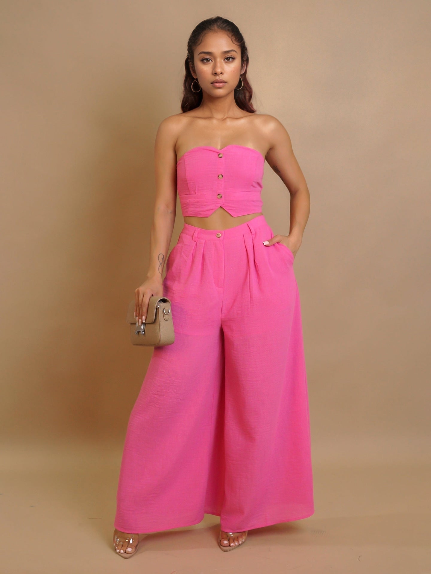 Women sexy sretchy strapless vest and wide-leg pants two-piece set