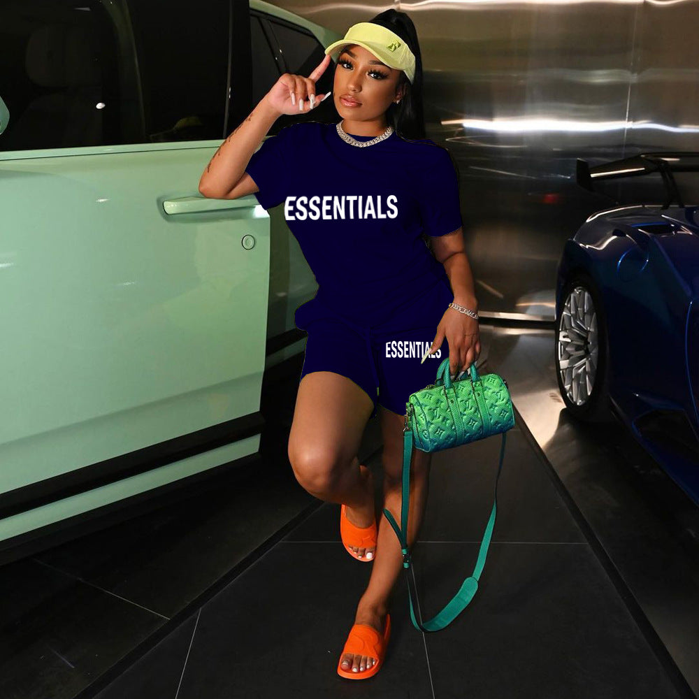 Women's Fashion Casual Letter Print Pocket Lace Up Loose T-Shirt Shorts Sports Two-Piece Set 4