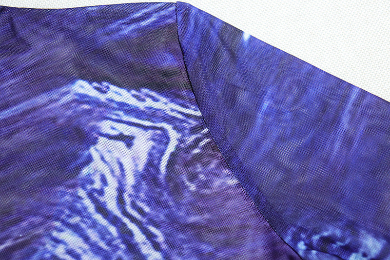 Women's Fashion Print Long Sleeve Top See-Through Bell Bottom Mesh Pants Fashion Two Piece Set 16