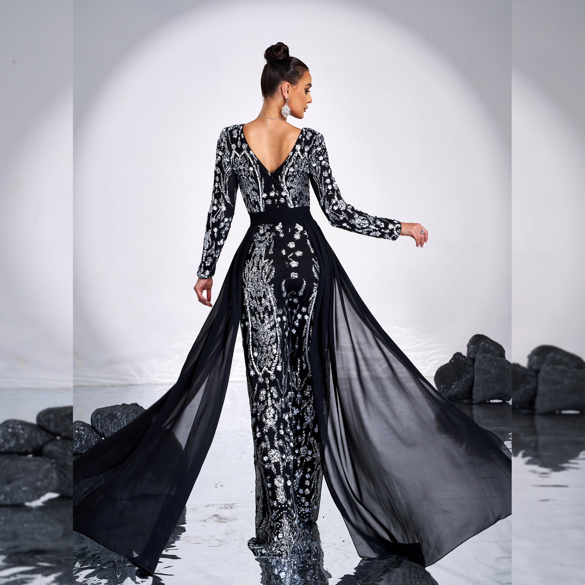 Women Chic V-Neck Long Sleeve Long Sequin Formal Party Jumpsuit 4