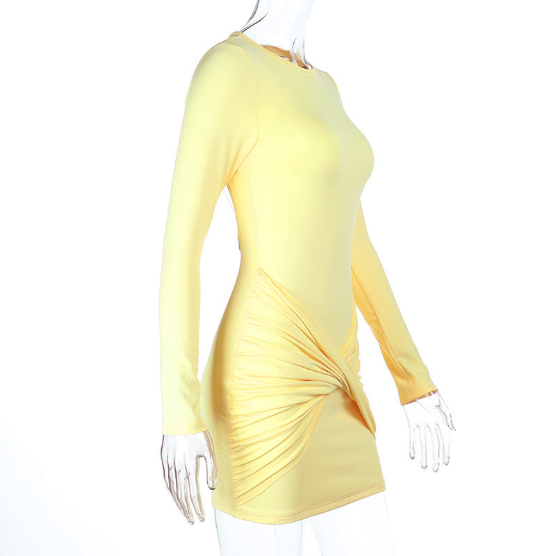 Women Backless Long Sleeve Knot Bodycon Sexy Solid Dress 7