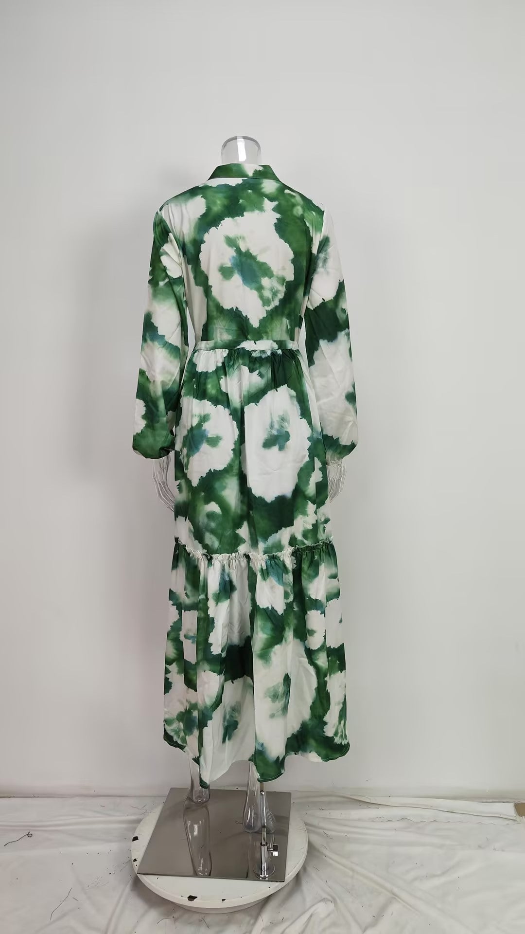 Women Chic Balloon Sleeve Turndown Collar Long Sleeve Dress 54