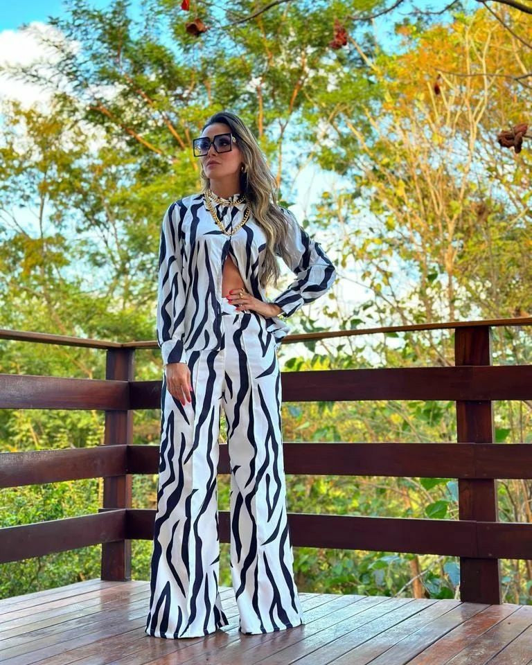 Women printed shirt and wide-leg pants Casual two-piece set 5