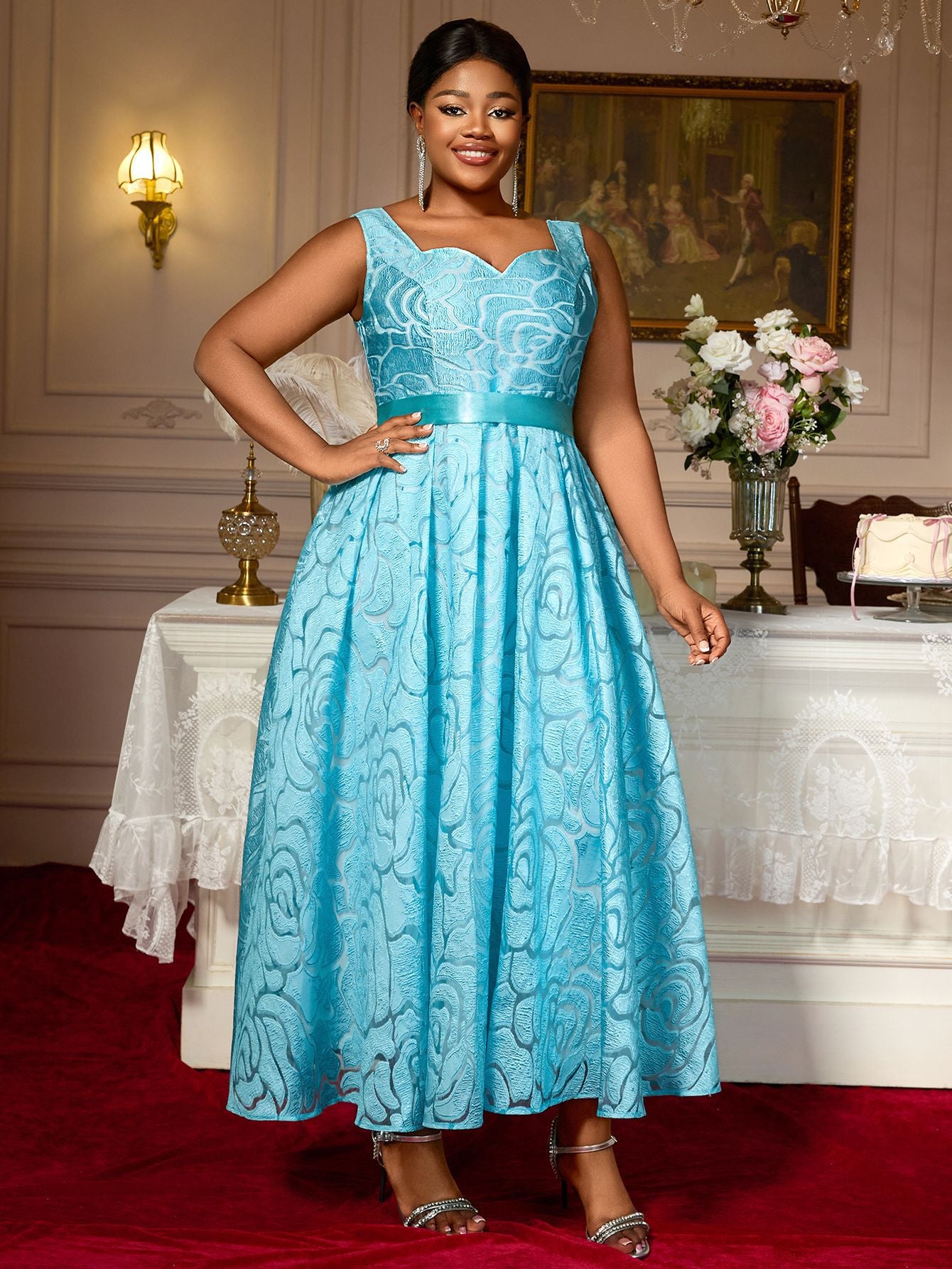 Women's Sexy V-Neck Strap Dress Jacquard High Waist Fashion Elegant Formal Party A-Line Evening Gown Dress 6