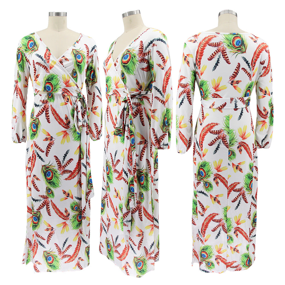 Plus Size Women Feather Print Sexy Slit Dress 13