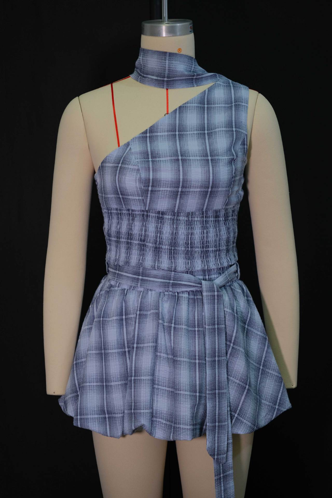 Women's Autumn Fashion Halter Neck Slim Waist Pleated Plaid Skirt Set 8