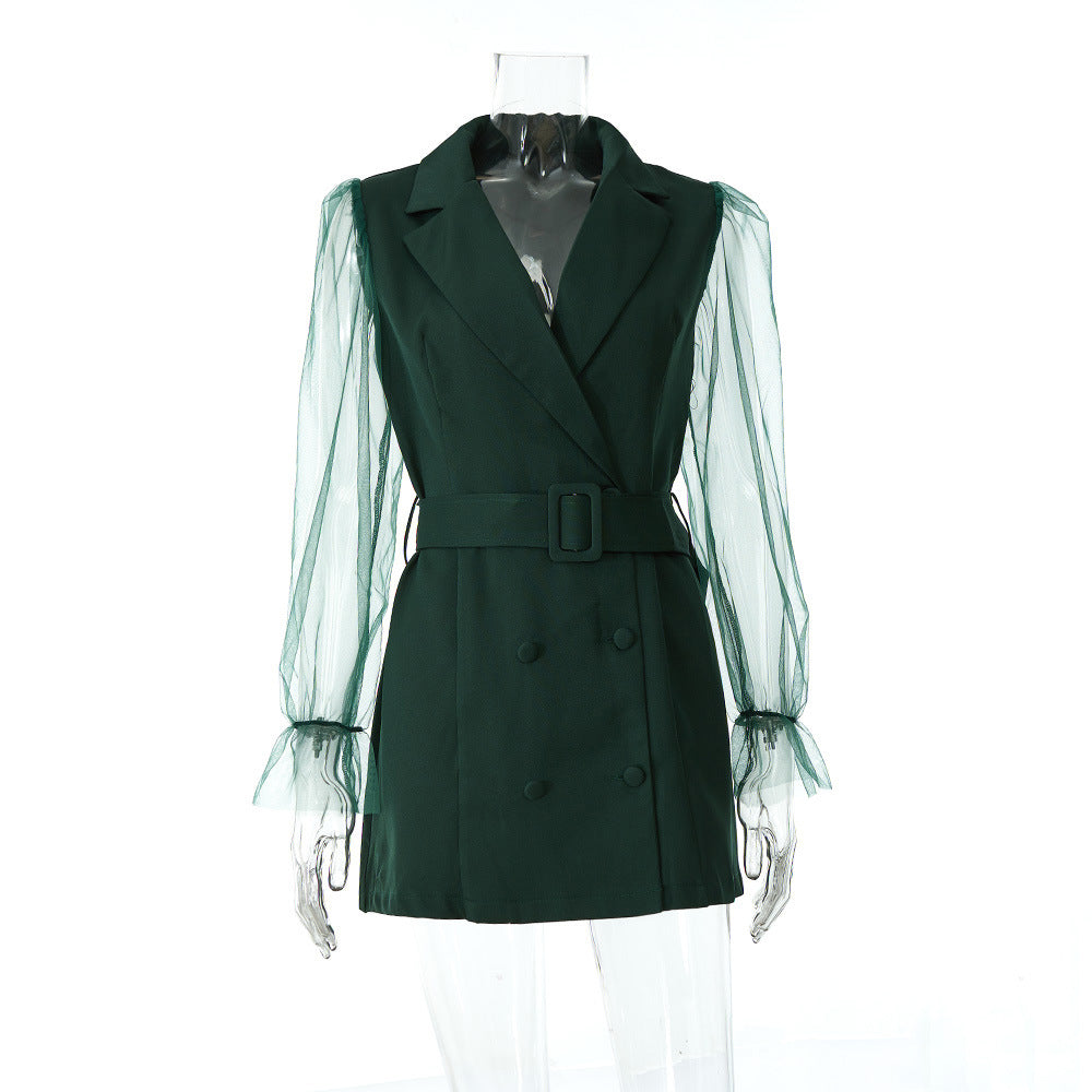 Spring Sexy See-Through Mesh Long Sleeve Double Breasted Slim Waist Chic Women Blazer Dress 35