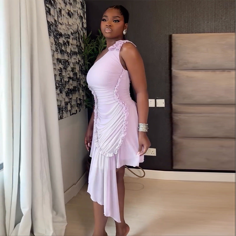 Women's Autumn Fashion One Shoulder Ruffle Hem Asymmetrical Solid Color Dress 4