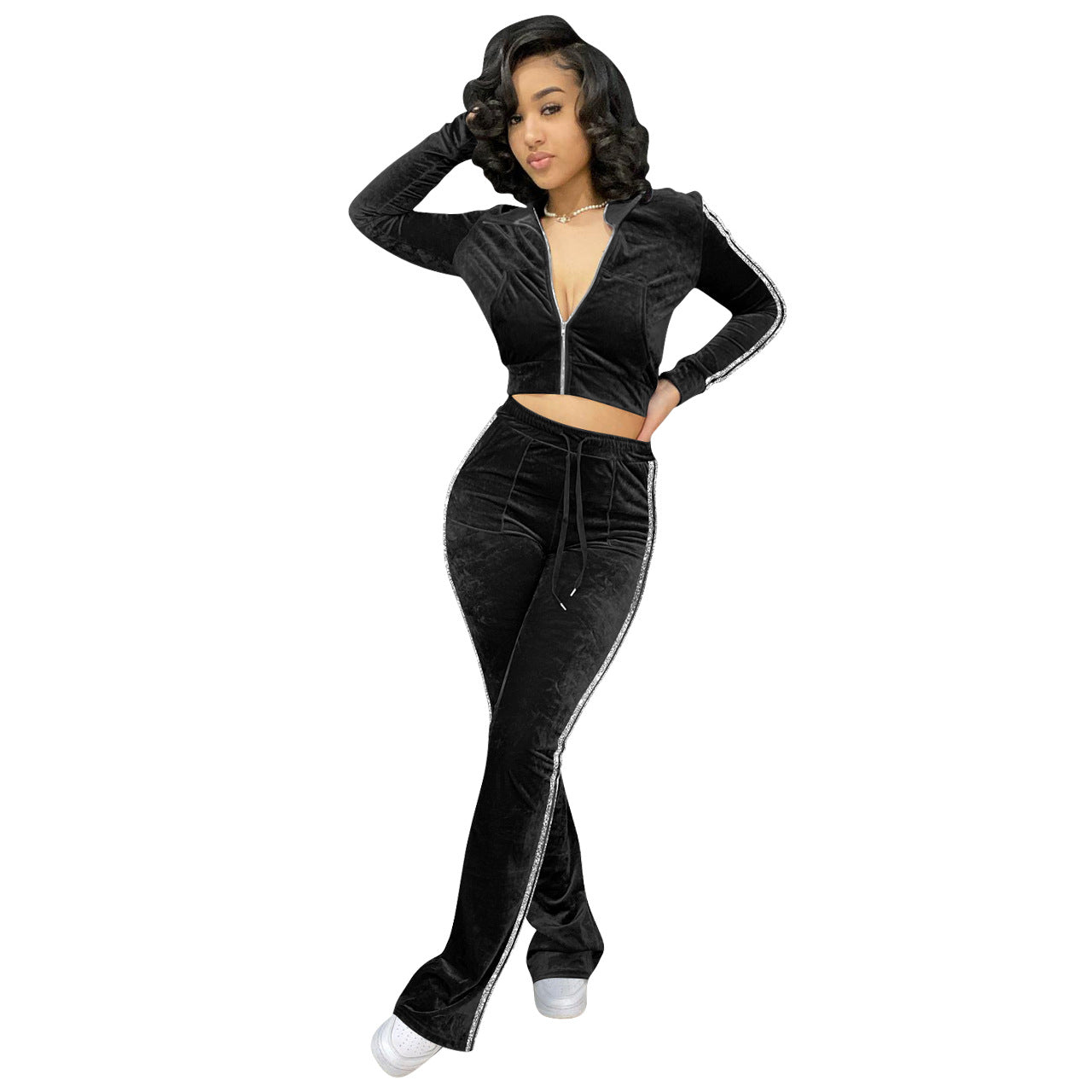 Women's Solid Velvet Casual Zip Top Wide Leg Pants Two Piece Tracksuit 44