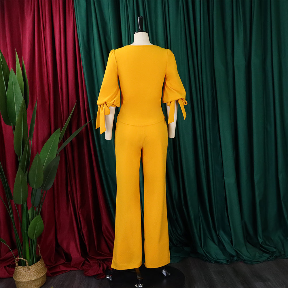 Women's Casual Set Loose Plus Size Lace-Up Top High Waist Wide Leg Pants Two-Piece Set 23