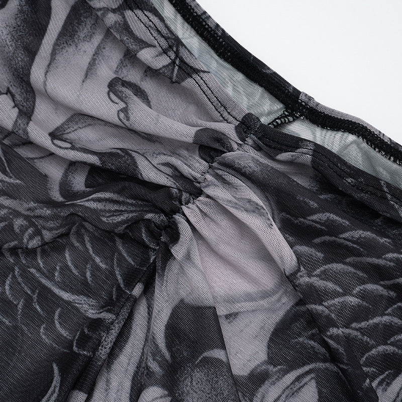 Women's Summer Autumn Zipper Round Neck See-Through Print Long Sleeve Two Piece Shorts Set 27