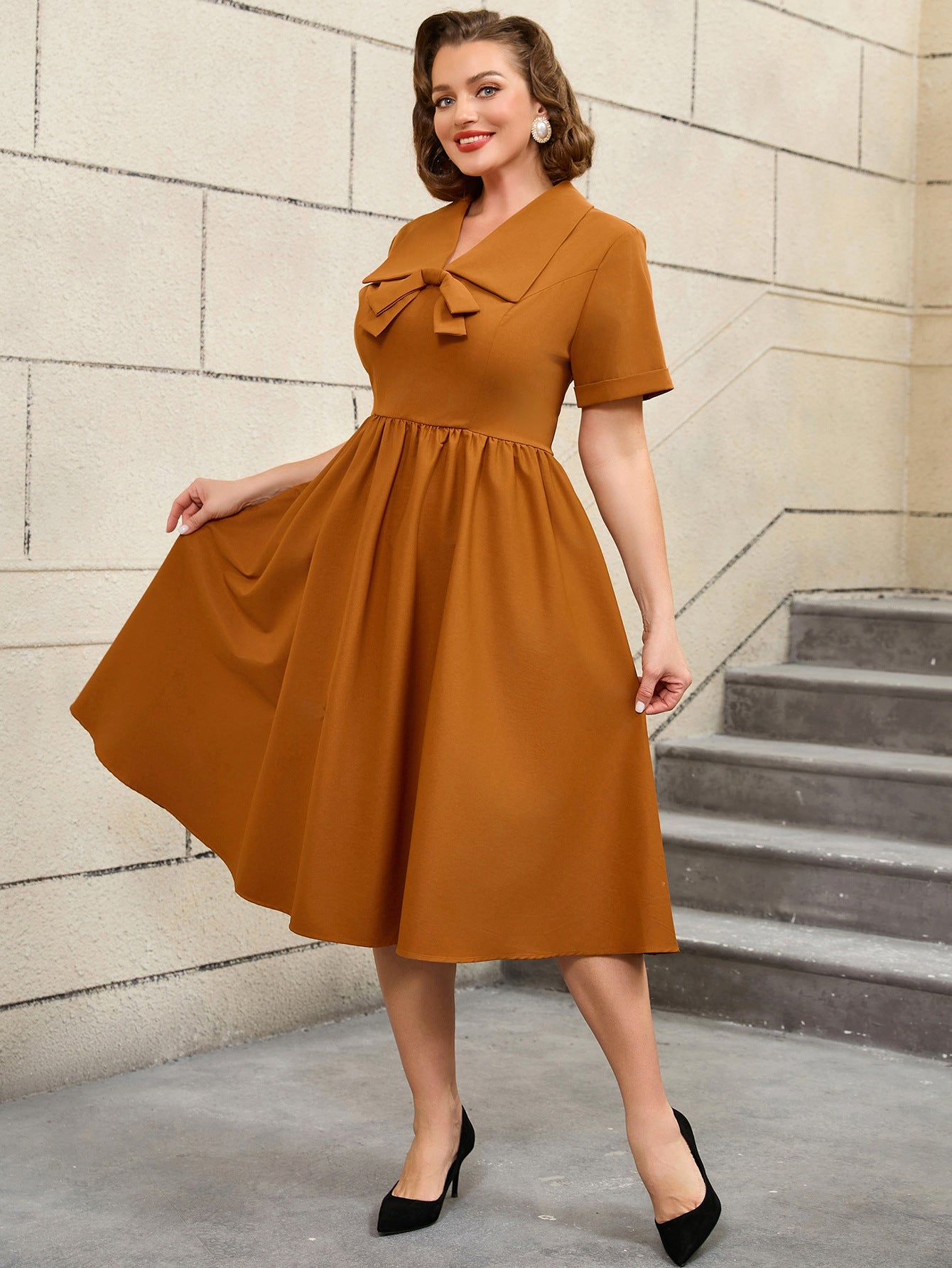 Plus Size Turned-Down Collar Lace-Up Bow Decoration A-Line Dress 12