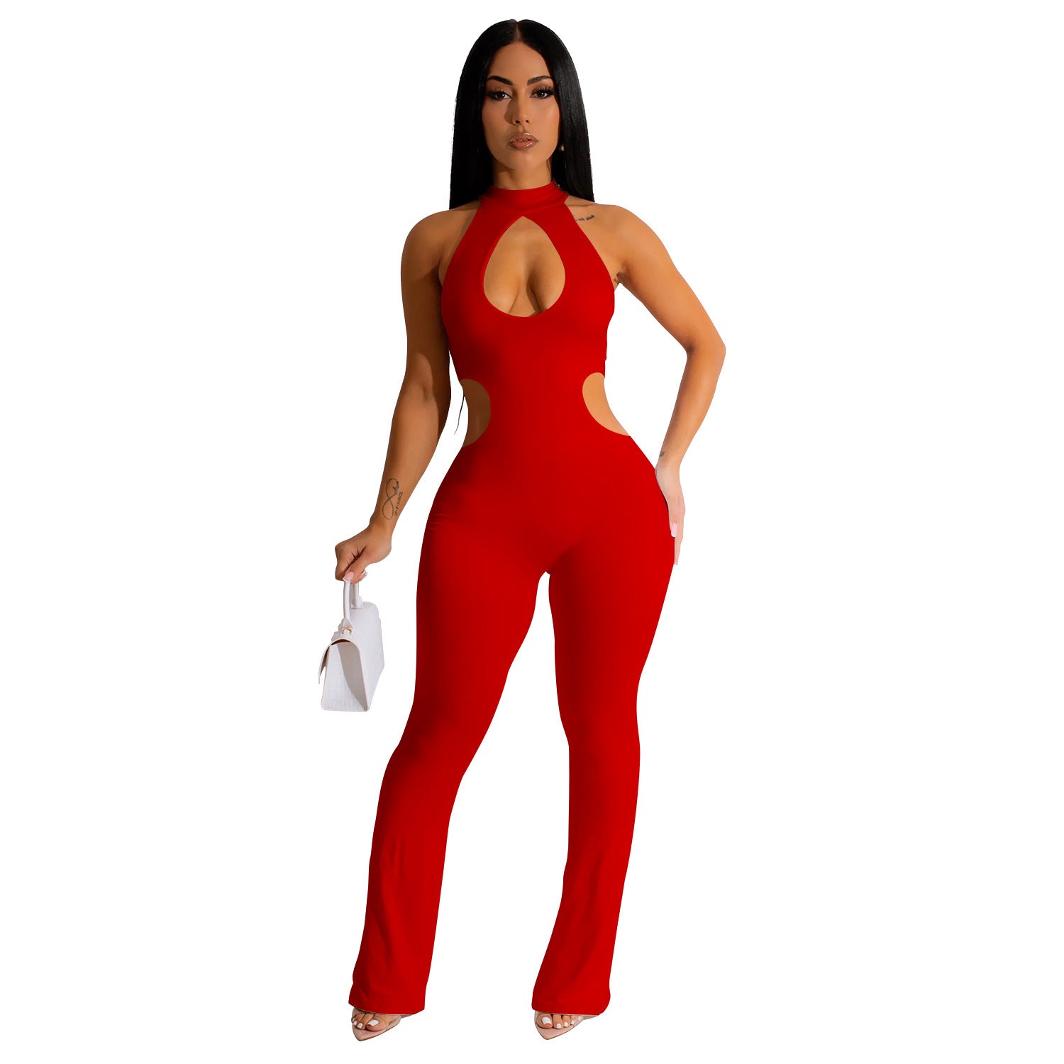 Women Solid Sexy Halter Neck Cutout Jumpsuit 13