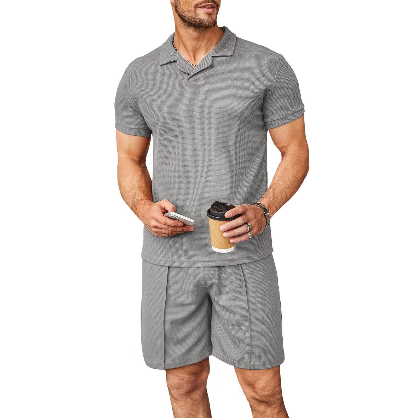 Summer Wafflev Turndown Collar Short-Sleeved Polo Shirt Shorts Men's Casual Fashion Two Piece Set 5