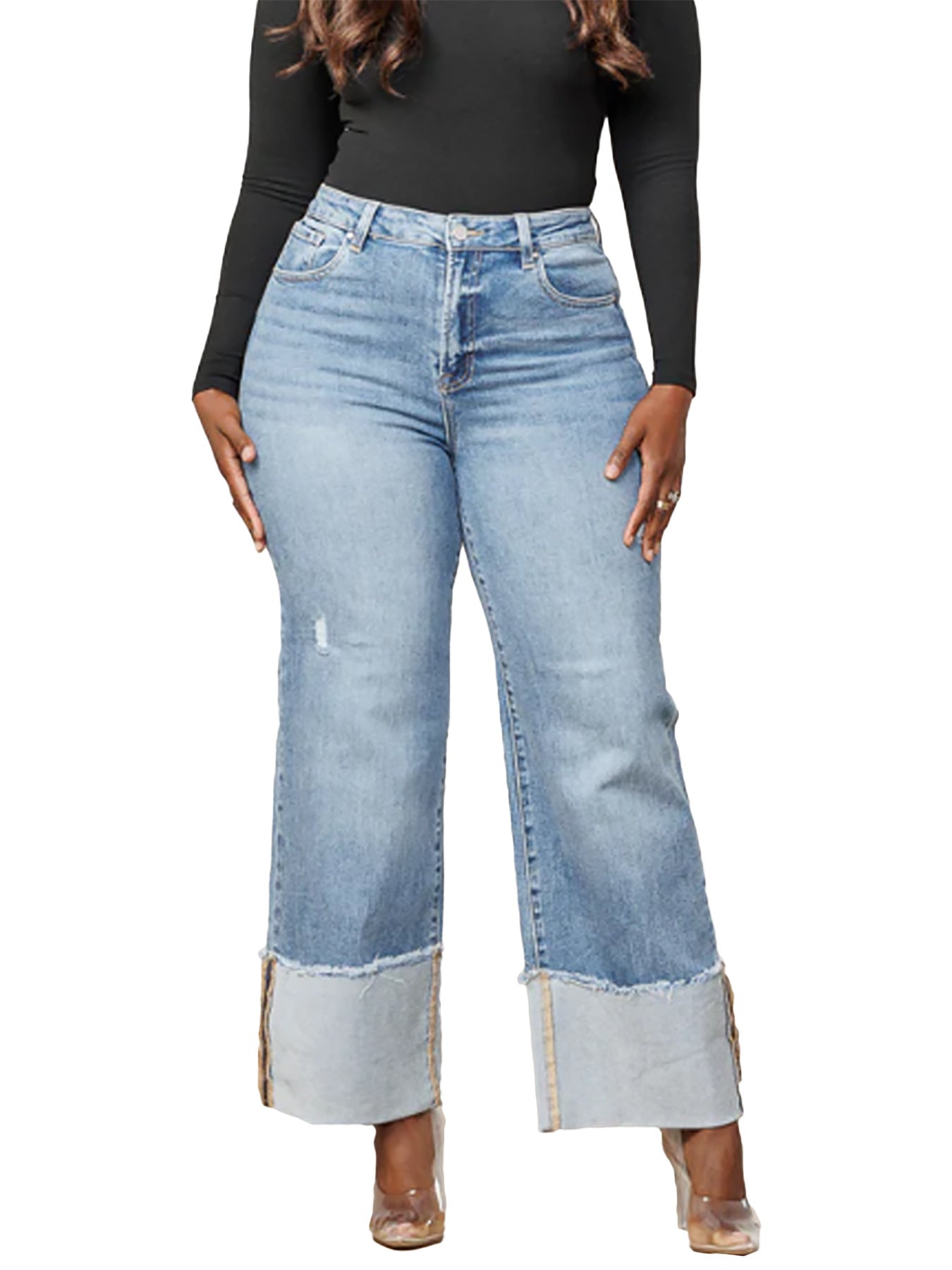 Autumn Winter Women's Solid Color Washed Trousers Folded Legs Long Denim Pants 7