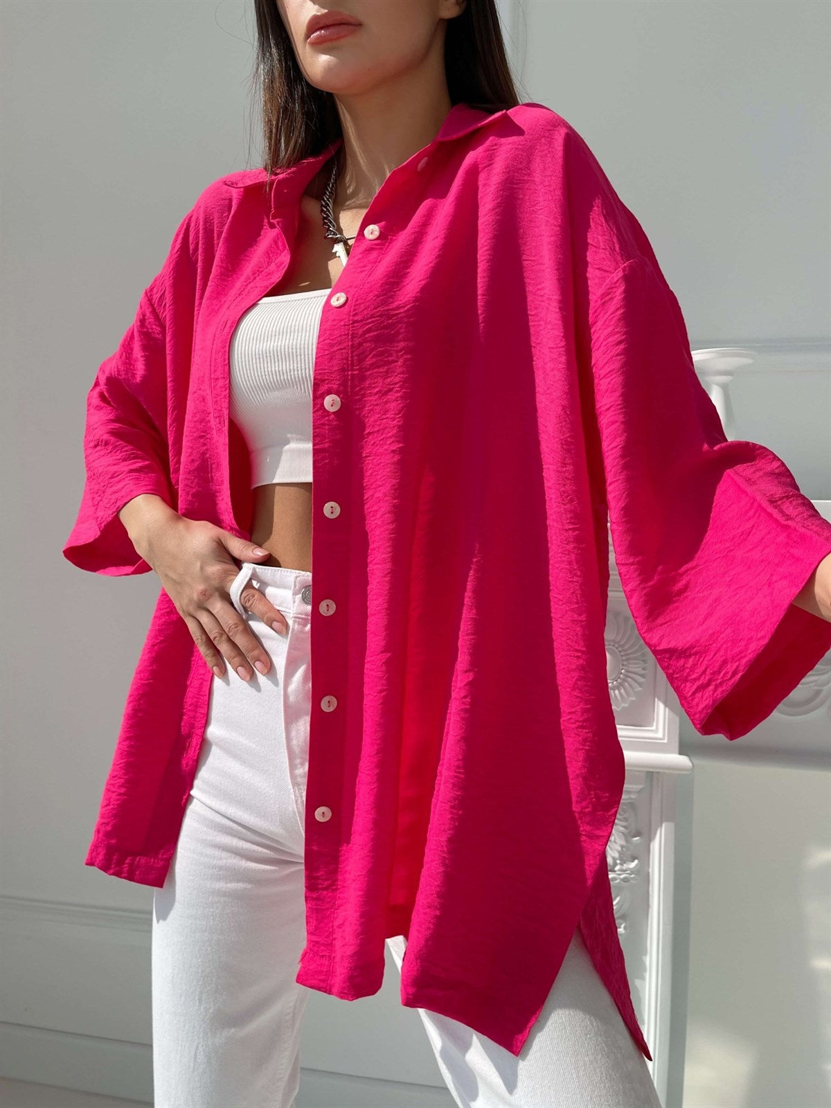 Shirt Women's Loose Bell Bottom Sleeve Spring Summer Comfortable Casual Solid Color Slit Shirt 4