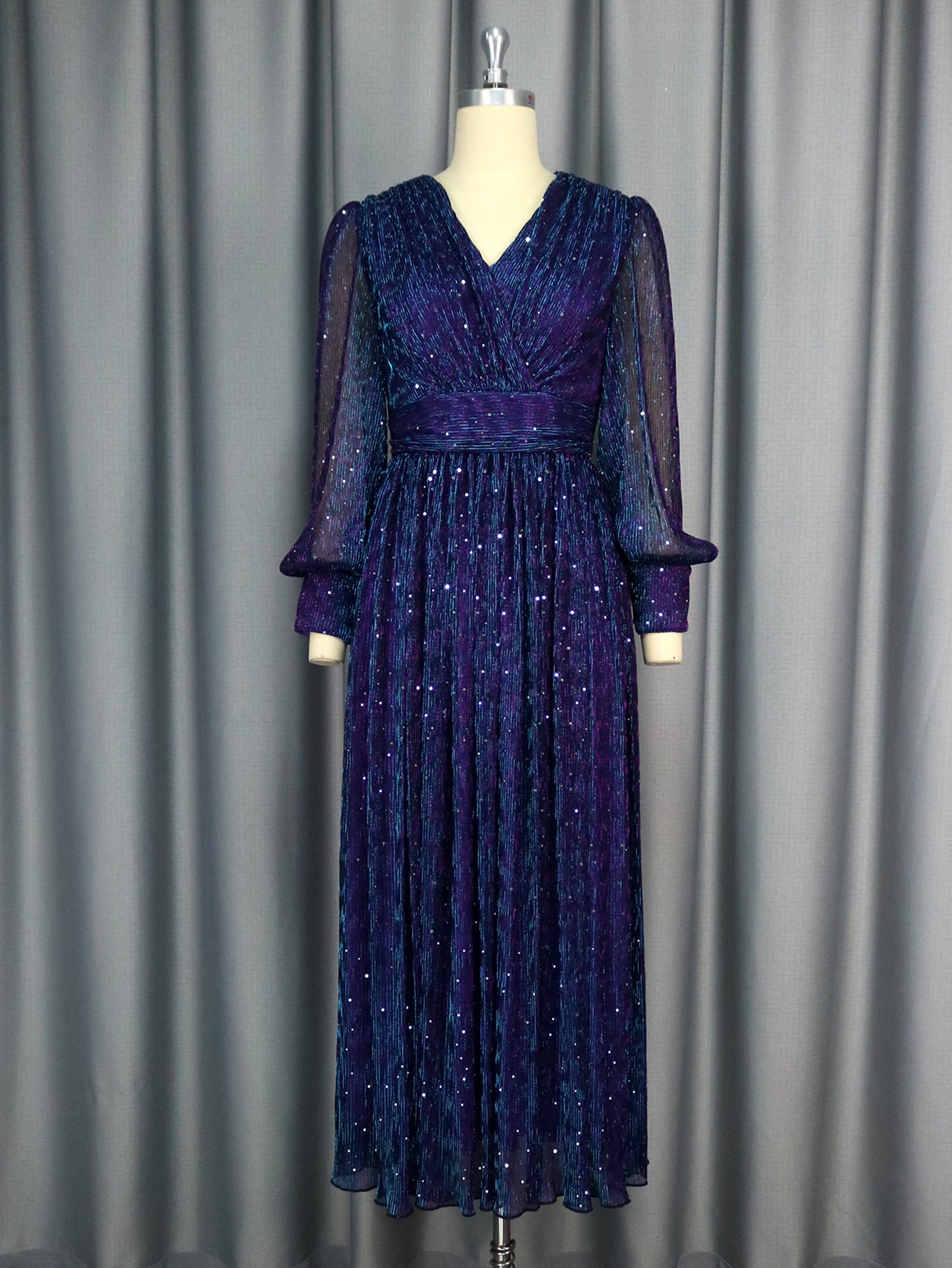 Sexy V-Neck Sequin Long-Sleeve Dress Purple Elegant Formal A-Line Gown 3