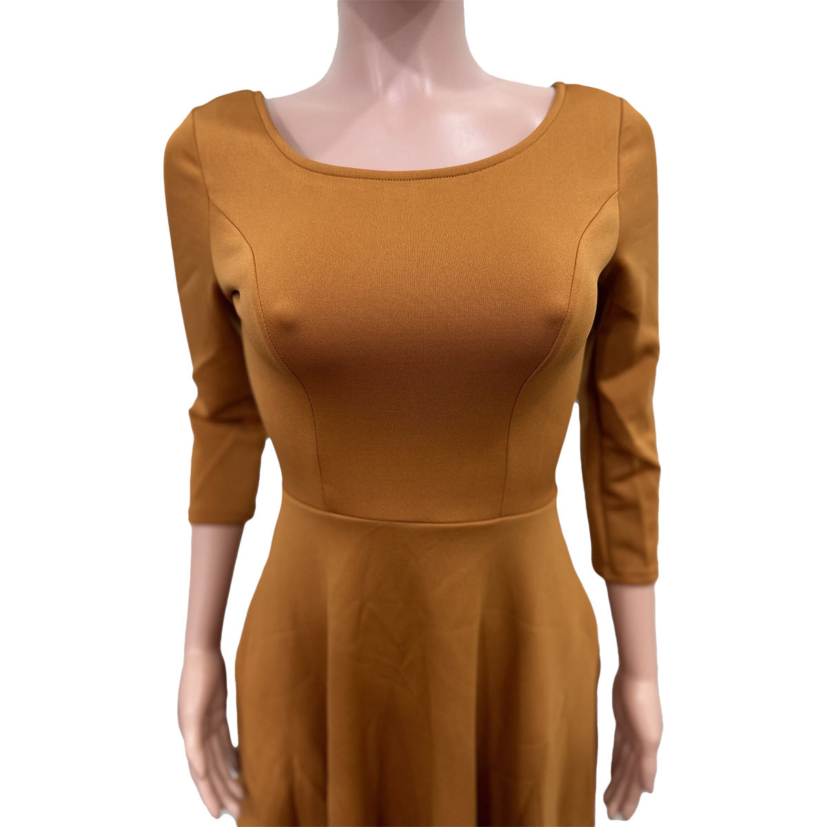 Ladies Spring Solid Color U-Neck Pocket Swing Dress 15