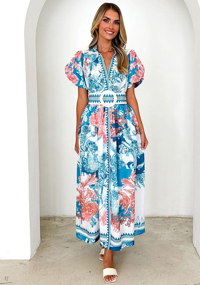 Women summer casual lace print long dress