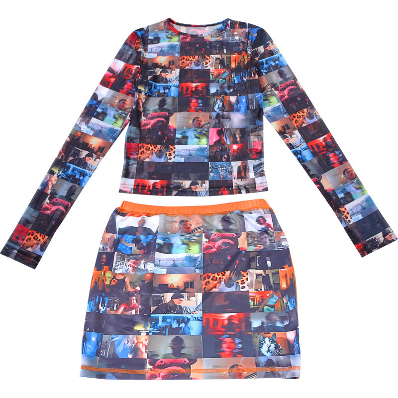 Autumn Women's Fashion Printing High Waist Slim Skirt Set 9