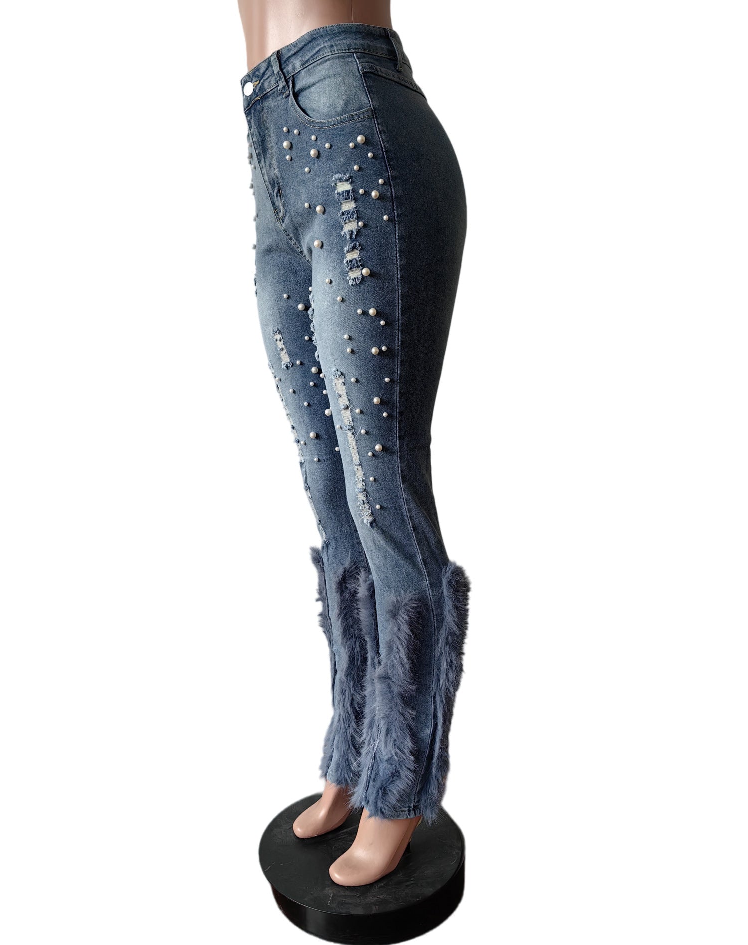 Women Pearl Embellished Feather Stretch Denim Pants 8