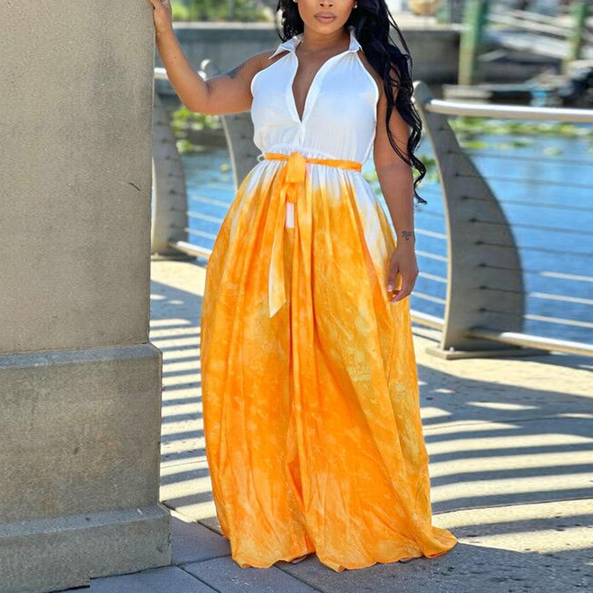 Women Sexy Print Shirt Collar Wide Leg Lace-Up Jumpsuit