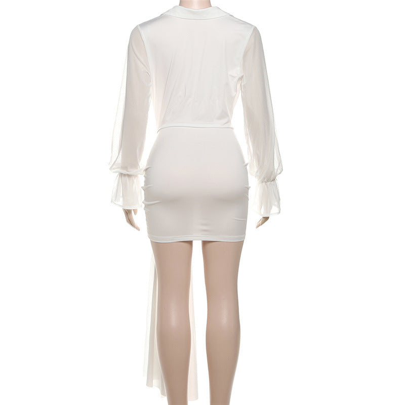 Autumn Women's Fashion Solid Color Chic Sexy Deep V-Neck Long Sleeve Bodycon Dress 8