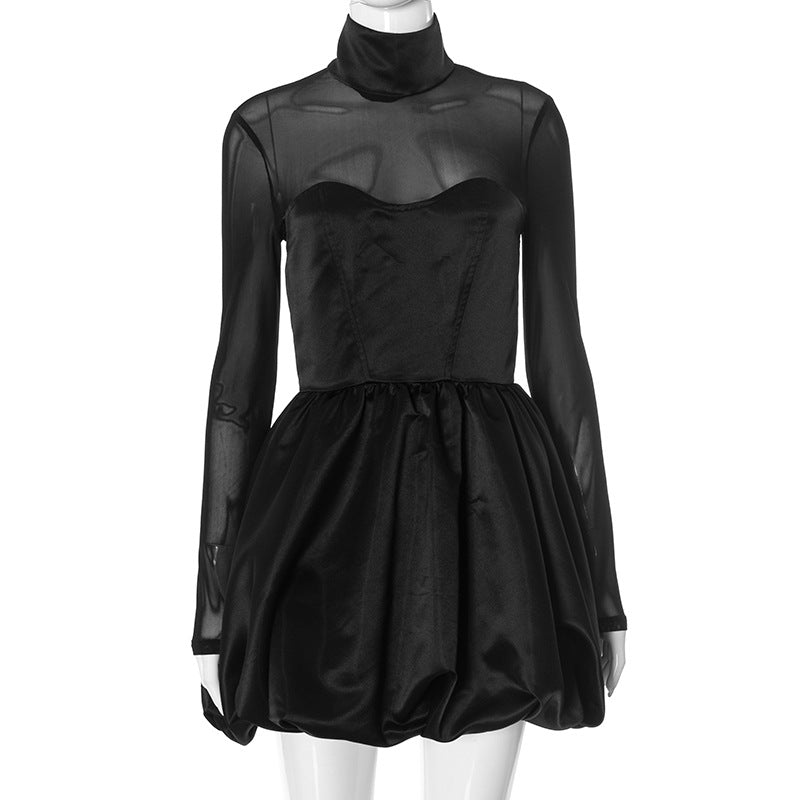 Women half-high collar mesh patchwork long sleeve bud skirt 7