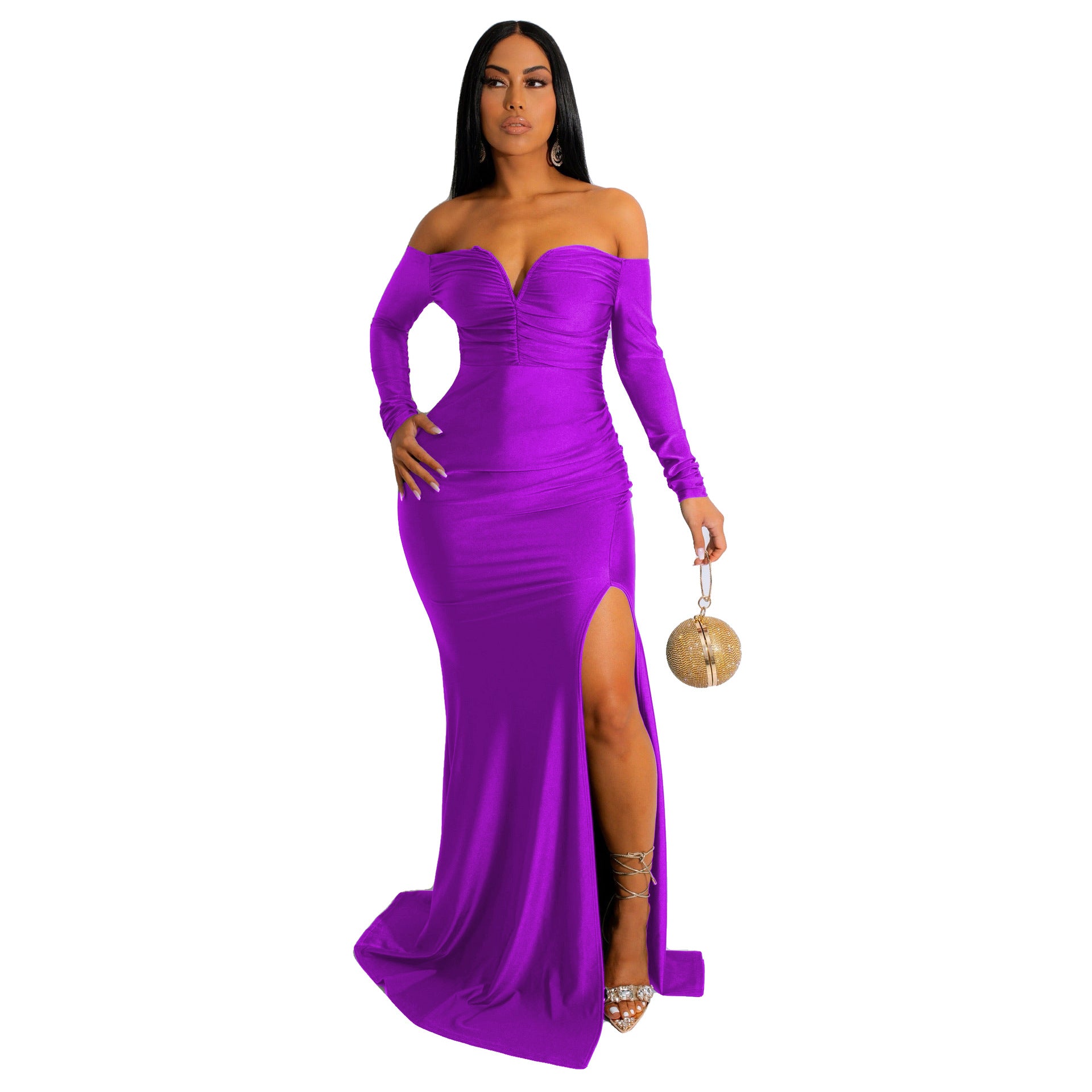 Women'S Sexy Solid Off Shoulder Long Sleeve Slit Evening Dress 6