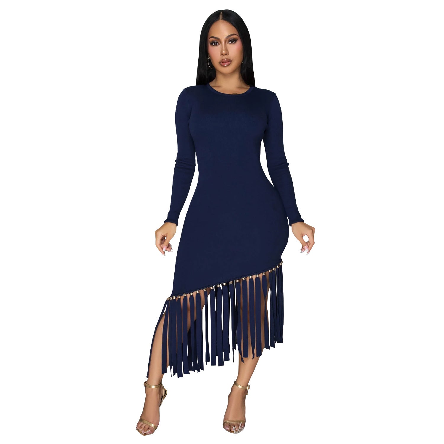 Women Solid Round Neck Tassel Dress 10