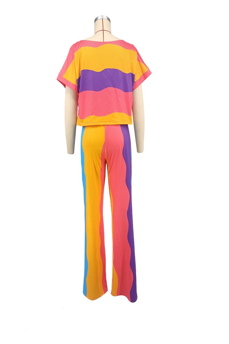 African Print Plus Size Casual Multi-Color Wide Neck Short-Sleeve Two-Piece Pants Set 6