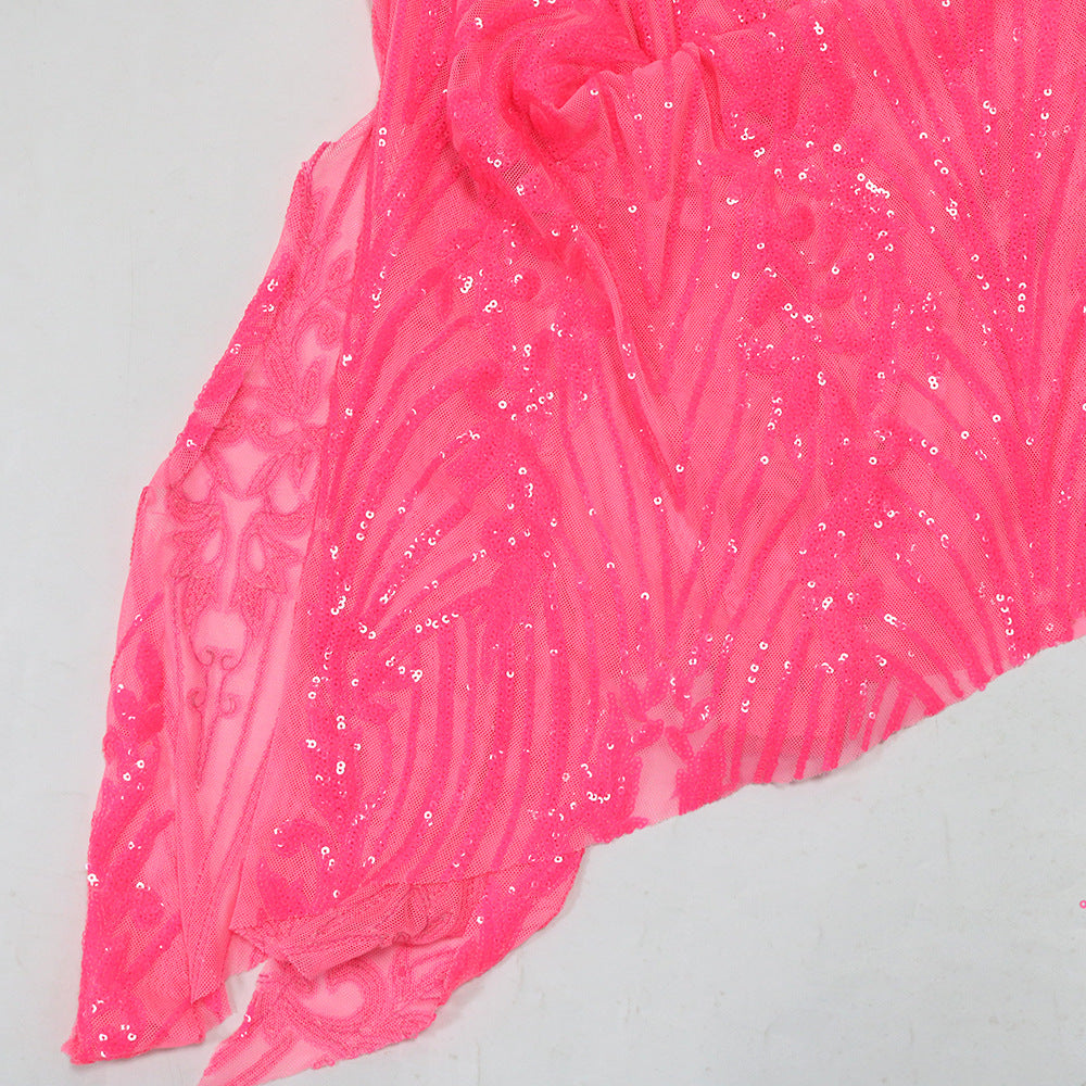 Women Sexy V-Neck Strapless See-Through Sequined Irregular Mini Dress 15