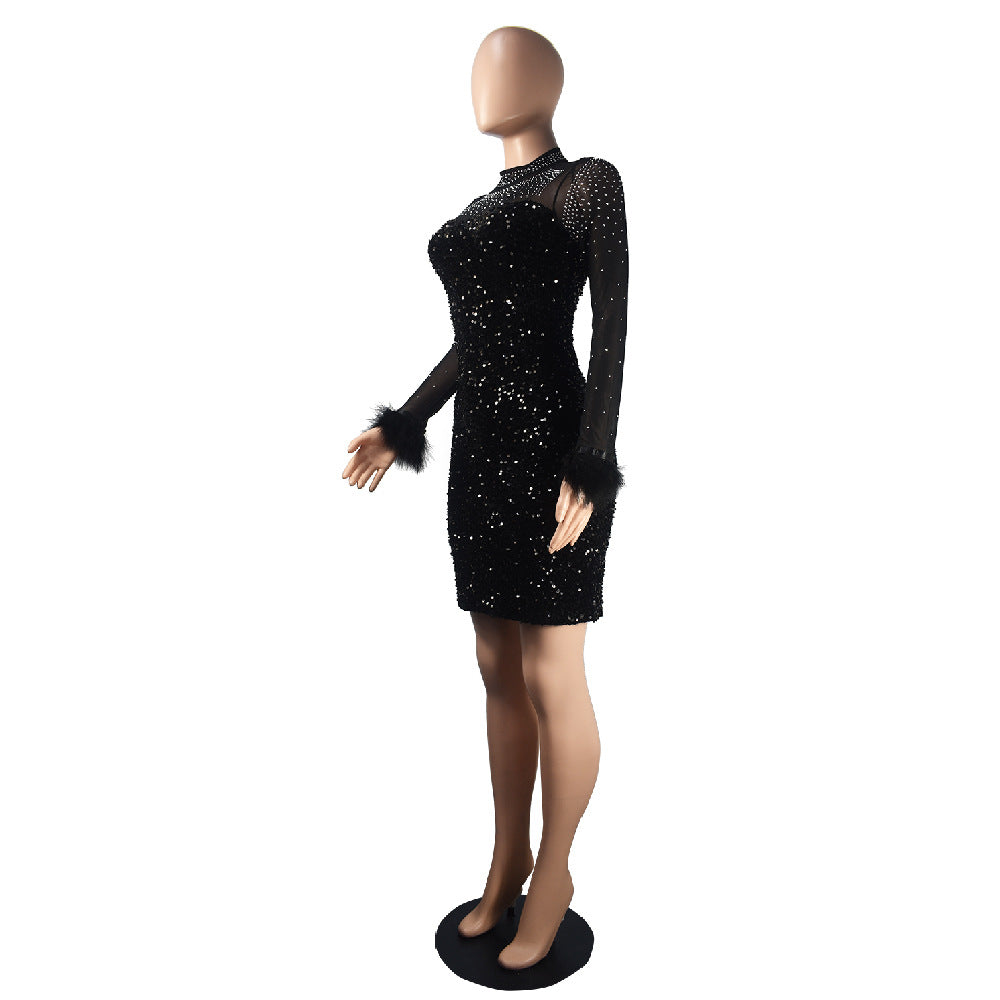 Trendy See-Through Beaded Sequined Long Sleeve Feather Nightclub Party Bodycon Dress 19