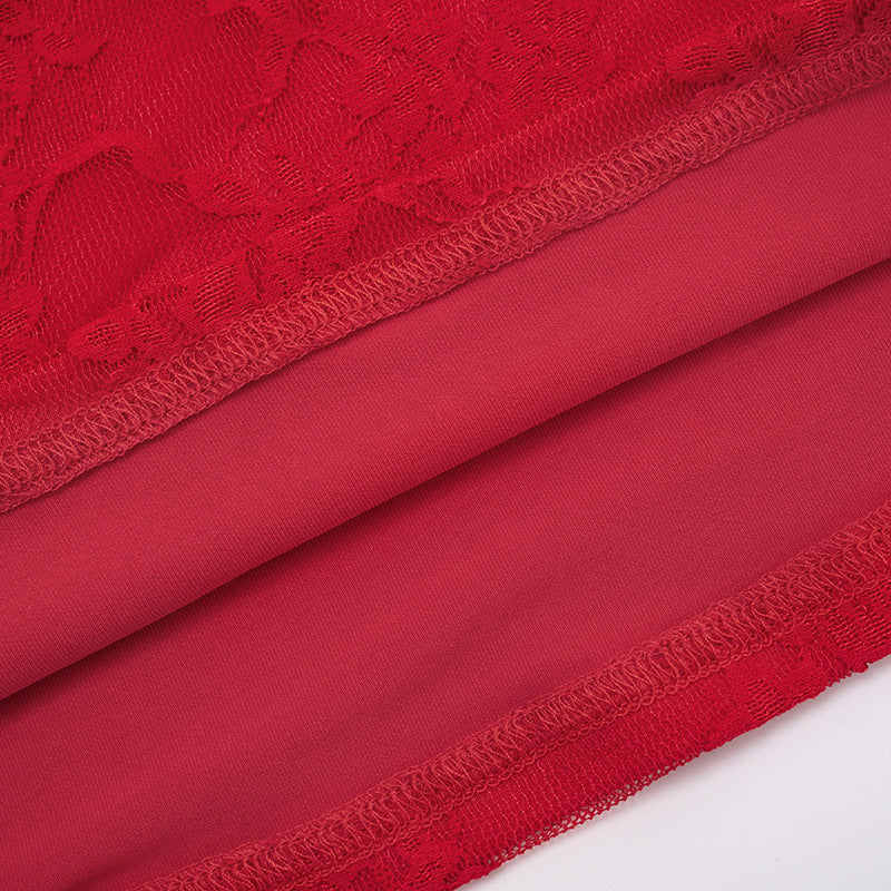 Autumn Women's Solid Color Lace-Up Sexy Lace Long Sleeve Ribbon Short Dress 23