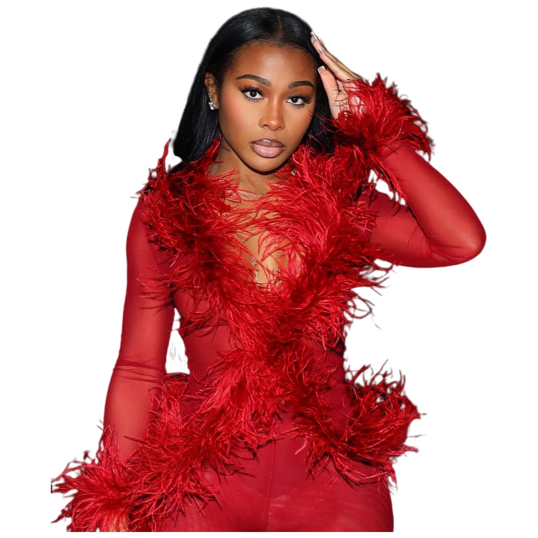 Women Sexy Mesh Feather Tassel Top and Pants Two-Piece Set 5