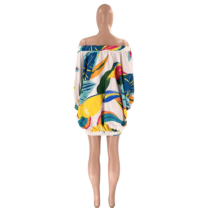 plus size off shoulder printed bat long sleeve loose dress 8
