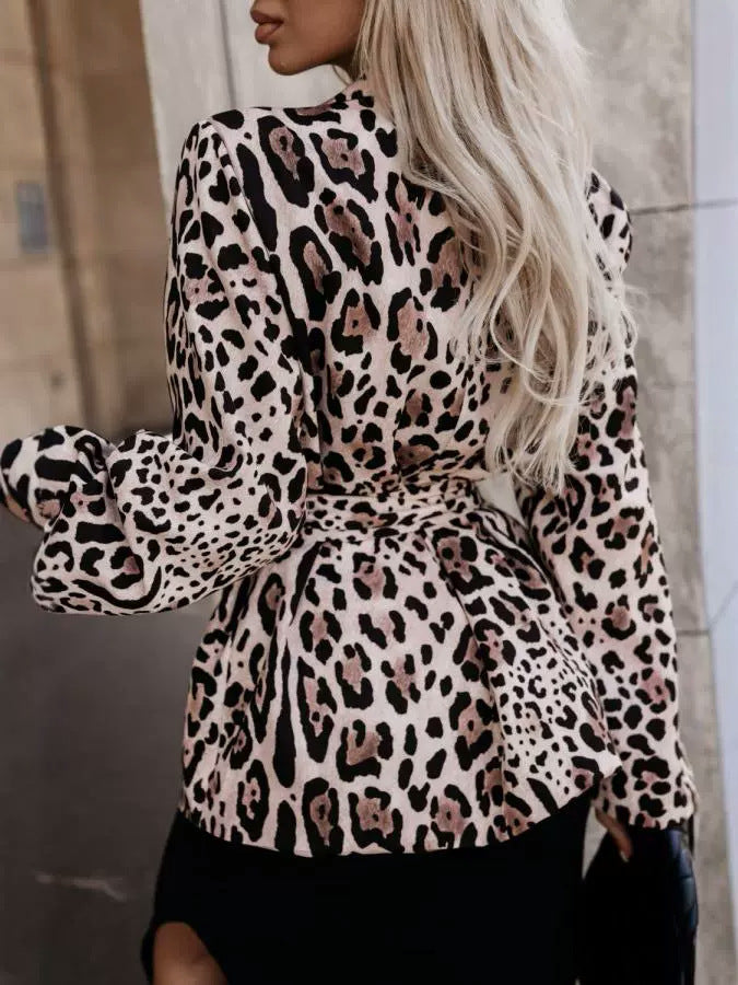 Women autumn long-sleeved leopard print Turndown Collar lace-up jacket 7