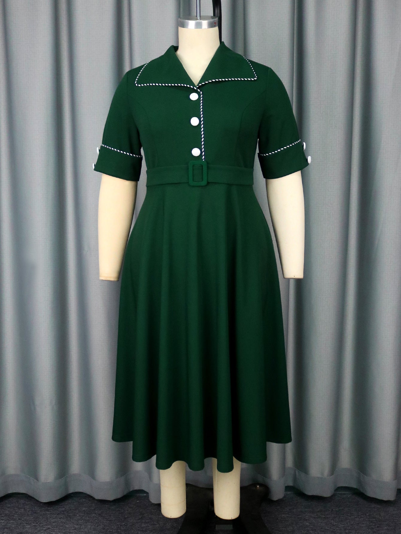 Plus Size Women's Turndown Collar Short Sleeve Dress Button Slim Waist Elegant Party Dress 7