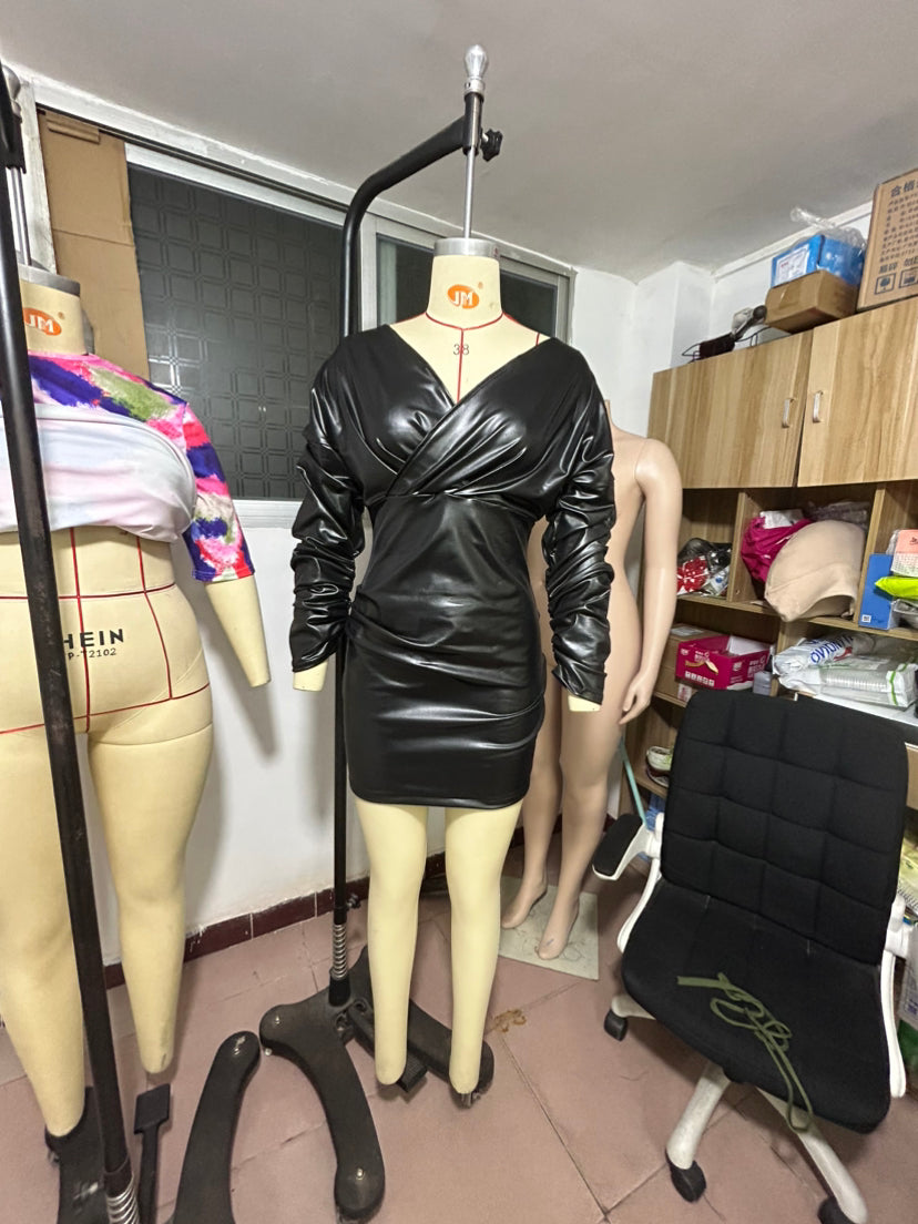 Women's Sexy V-Neck Long Sleeve Slim Leather Dress 14