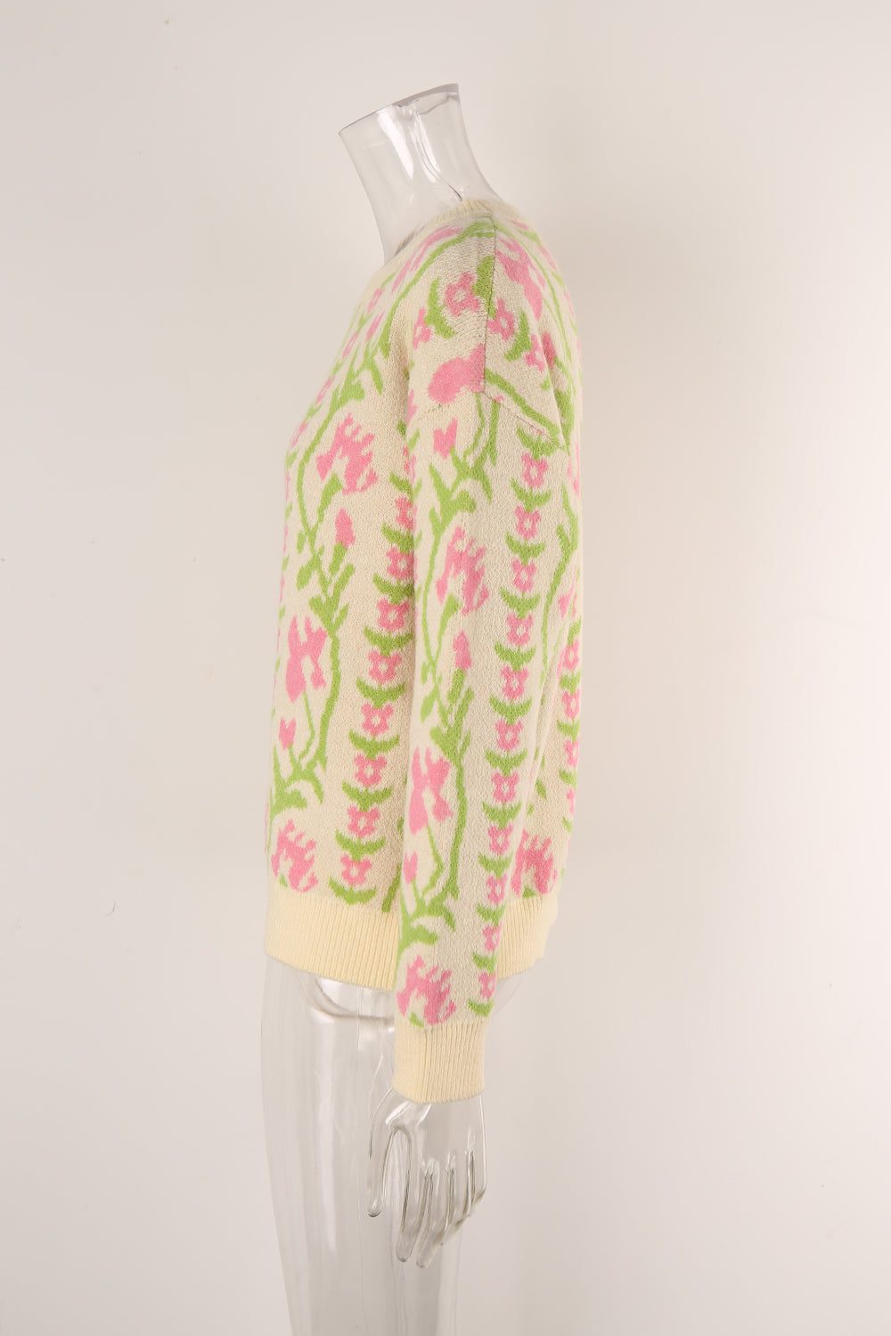 Women Jacquard Branch Round Neck Floral Sweater 12