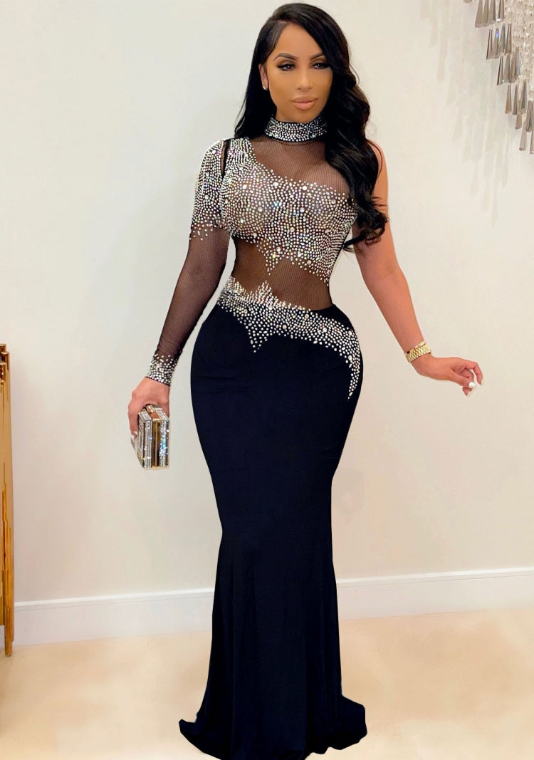 Fall Sexy Black Sequins One Shoulder High Neck Long Dress